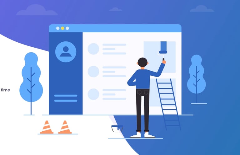 Illustration of a person building a web page interface with event and newsletter tools