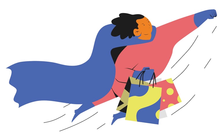 Illustration of a superhero carrying shopping bags, representing e-commerce flow